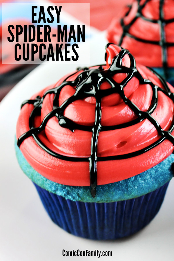 These Easy Spiderman Cupcakes are simple to make for a birthday party or movie night! You'll only need a few items - boxed cake mix, frosting, and some decorating supplies, which makes this the easiest of all superhero cupcakes. #spiderman #superheroes #birthdayparty #cupcake
