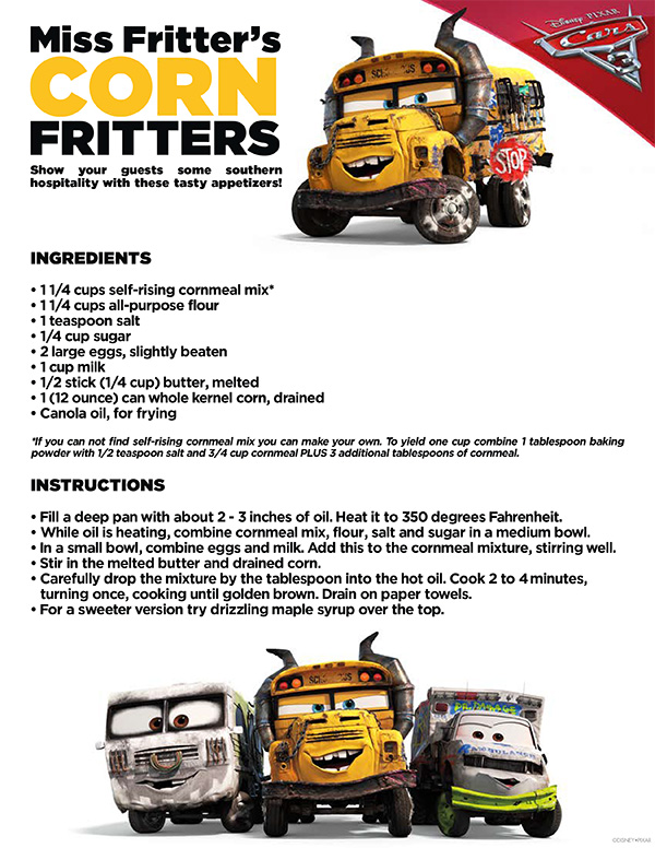 Free Printable - Cars 3 Miss Fritters Corn Fritters Recipe