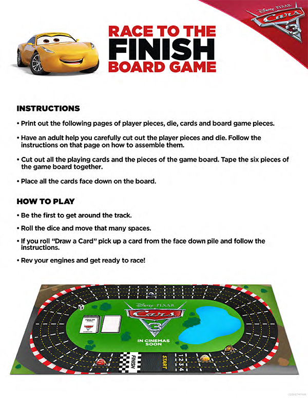 Free Printable - Cars 3 Race to the Finish Board Game