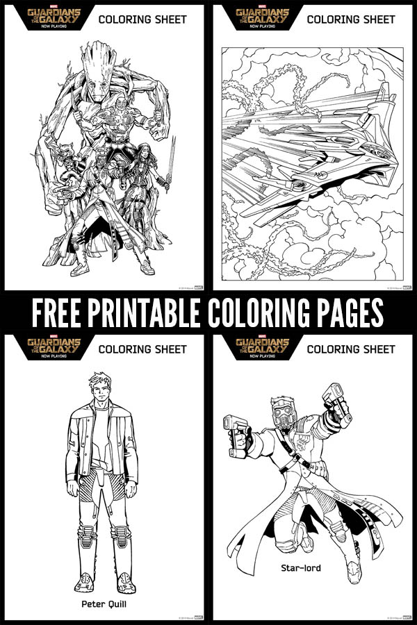 Free Printable Marvel Guardians of the Galaxy Coloring Pages! Includes all of our favorite Guardians together, Star-Lord, Peter Quill, and The Milano Space Ship. - Groot, Rocket, Star-Lord, Gamora, and Drax. Even the Milano Space Ship! Print for instant fun for kids!