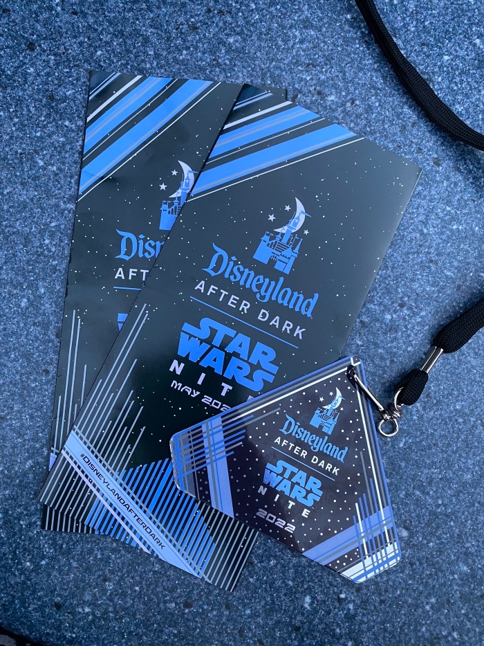 Star Wars Nite guide and lanyard laying flat on a table in Disneyland.