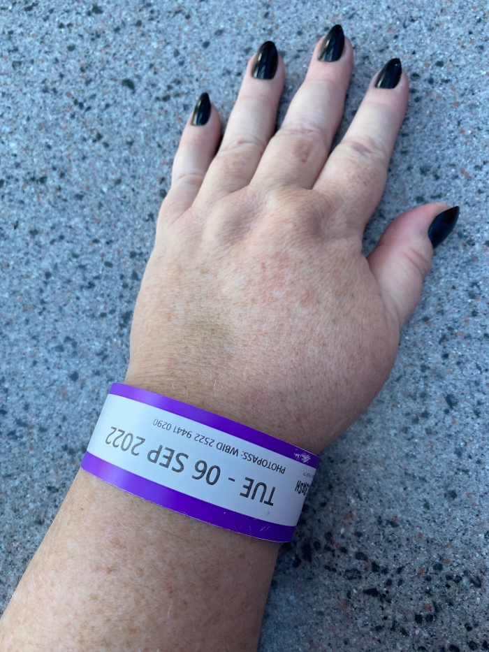 An Oogie Boogie Bash wristband on a white woman's wrist.