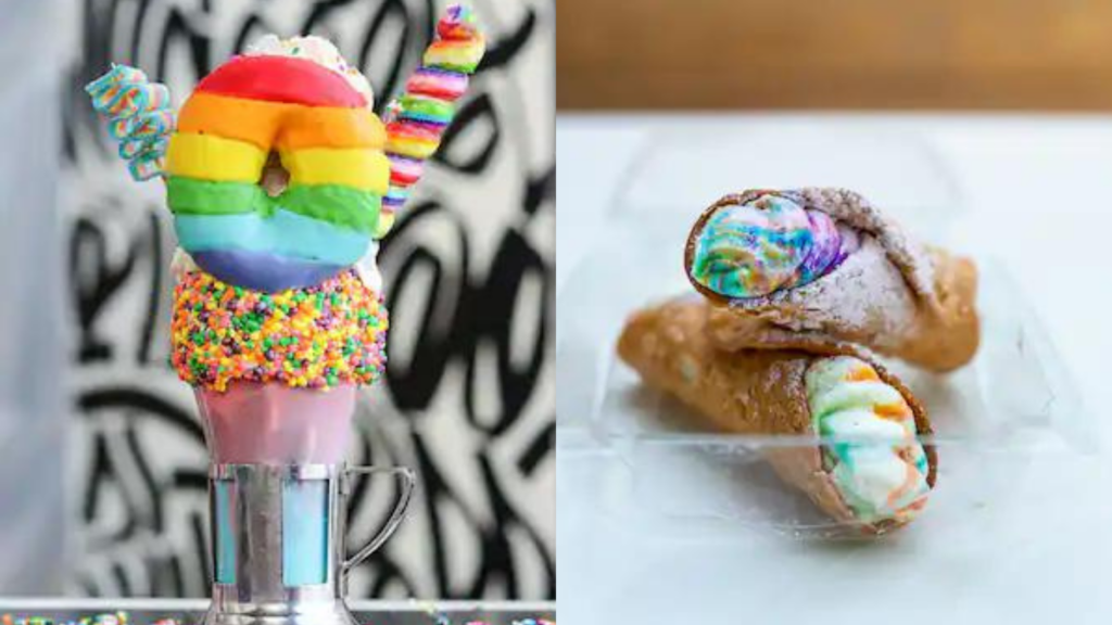 Vanilla Shake with Rainbow Sprinkles is available at Black Tap Craft & Shakes. Pride N' Candy Cannoli can be ordered at Naple Ristorante E Bar and Napolini Pizzeria in Downtown Disney District.