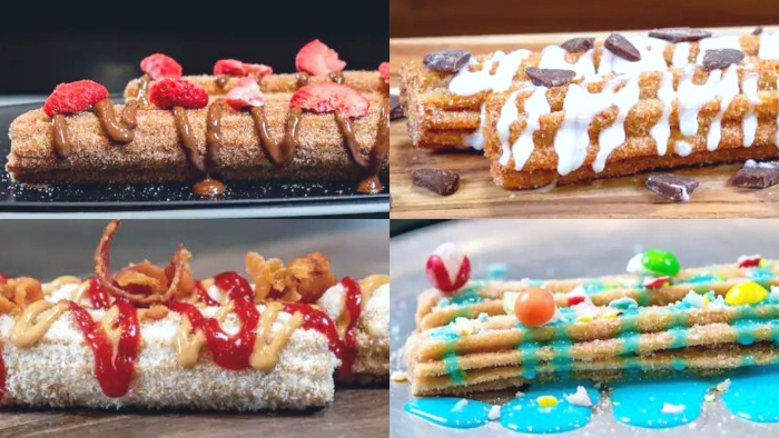 Disney California Adventure is celebrating National Churro Day with these four churros - Chocolate-Hazelnut Strawberry Churro, S’mores Churro, Bacon PB&J Churro, and Cosmic Disturbance.