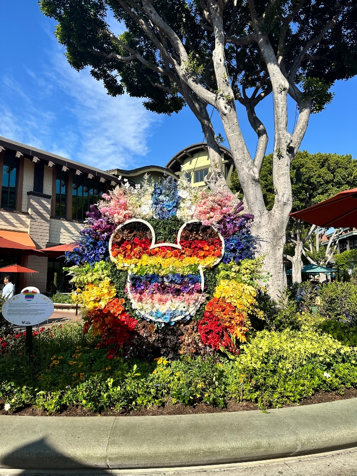 A colorful Pride flower display in Downtown Disney District for Pride Month 2023.