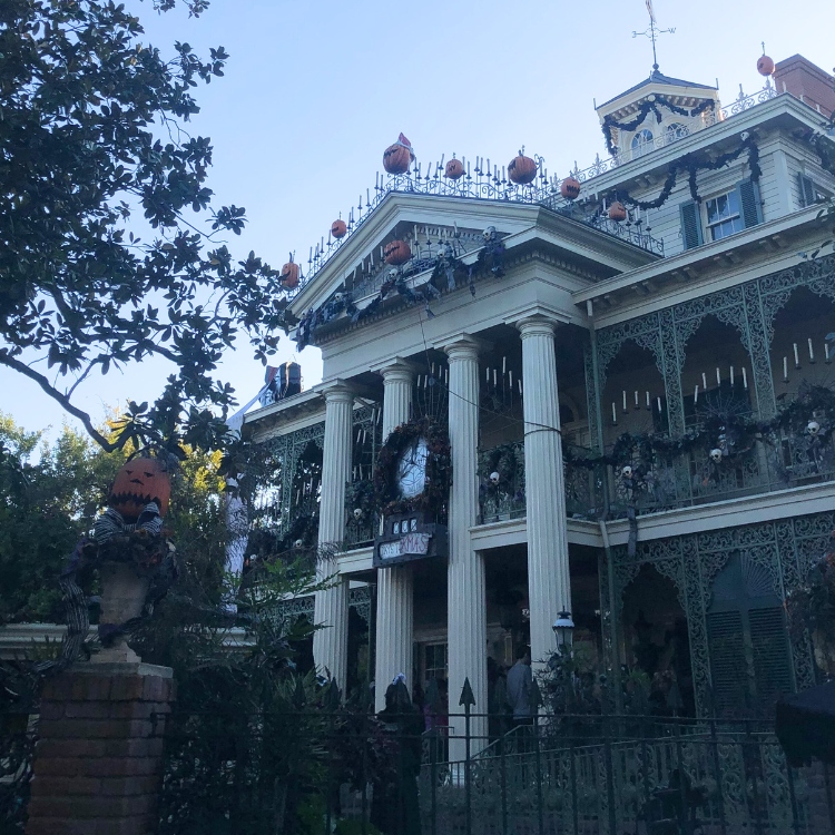 Haunted Mansion in Disneyland. It is decorated for Halloween and Christmas. The theme is The Nightmare before Christmas.