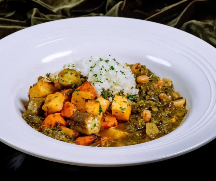 Tiana's Palace has a plant-based dish called 7 Greens Gumbo!