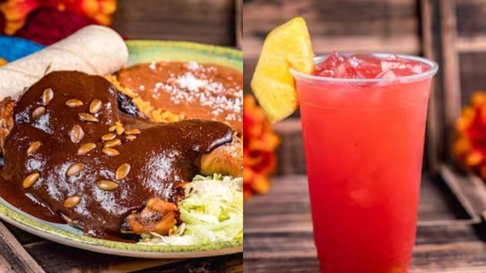 At Rancho del Zocalo Restaurante in Disneyland, you can order Mole Half Chicken Plate and Guava Agua Fresca!