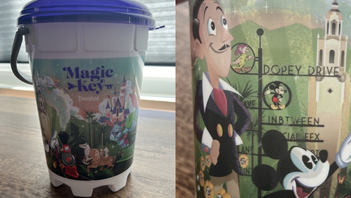 In 2023, Magic Key Holders were about to buy a refillable popcorn bucket from Disneyland and Disney California Adventure. It showed Walt Disney and Mickey Mouse looking at iconic areas in both parks.