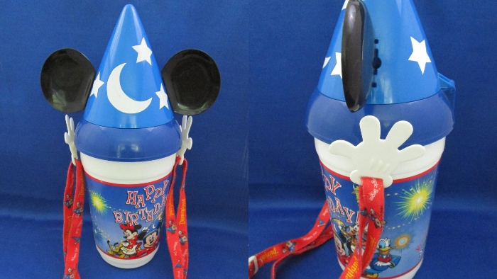 In 2001, you were able to buy a Disneyland Happy Birthday popcorn bucket. The lid looked like Sorcerer Mickey's hat.