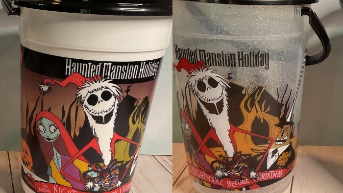Disneyland sold two different popcorn bucket that featured The Nightmare Before Christmas characters getting ready for Haunted Mansion Holiday.