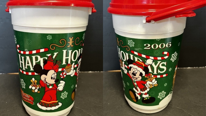 In 2006, Disneyland sold a Christmas popcorn bucket that showed Minnie Mouse and Mickey Mouse enjoying some holiday treats.