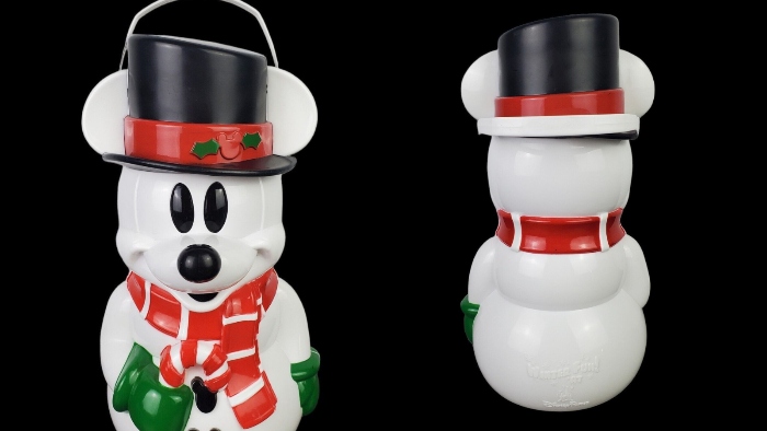 The Disneyland Resort sold a popcorn bucket that was shaped like a Mickey Mouse Snowman.