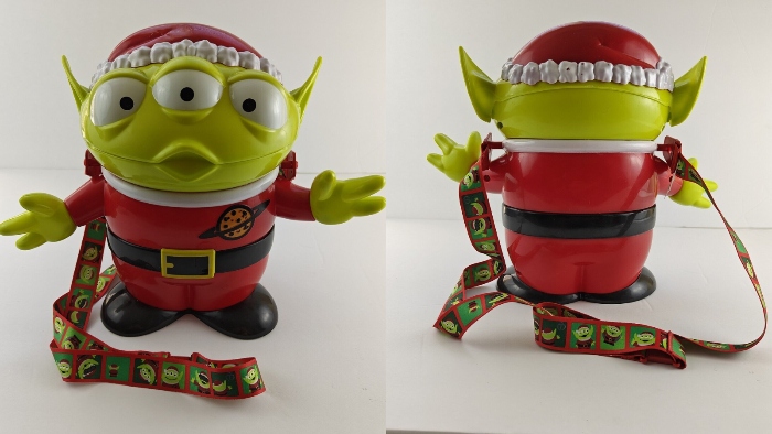 Toy Story's green alien is dressed up as Santa in this popcorn bucket that was sold at Disneyland.
