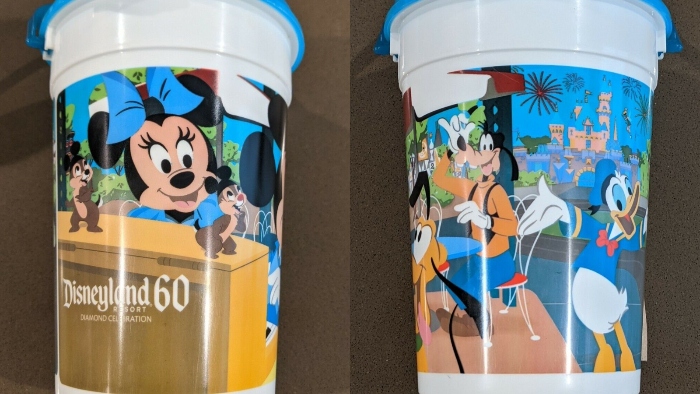 This special souvenir popcorn bucket was sold at Disneyland for the 60th anniversary. It shows Mickey and Friends enjoying Disneyland.