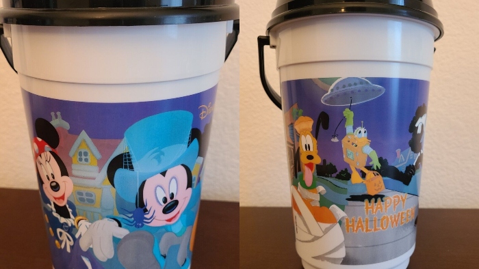 Mickey Mouse and his friends are ready to trick or treat in their Halloween costumes in this popcorn bucket that was sold at Disneyland in 1992.