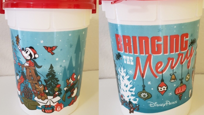 In 2022 Holiday season, the Disneyland Resort sold a souvenir popcorn bucket that featured Mickey Mouse and friends decorating a Christmas tree outside.