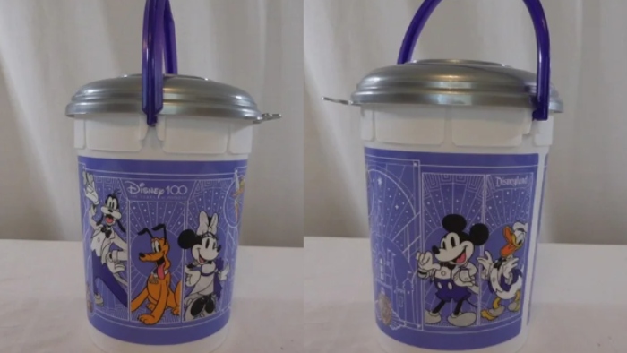 Mickey Mouse and his friends are all ready to celebrate the 100th anniversary of Disney in this souvenir popcorn bucket at the Disneyland Resort!