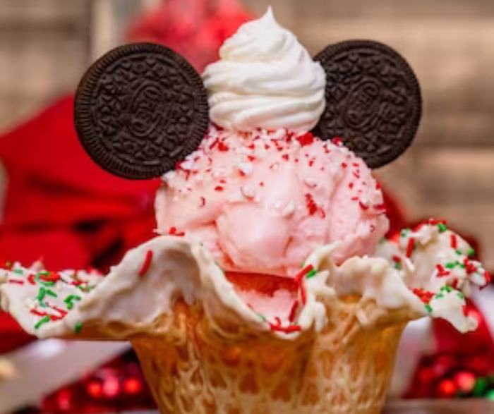 At Gibson Girl Ice Cream Parlor in Disneyland, you can order a Peppermint Sundae for the holiday season!