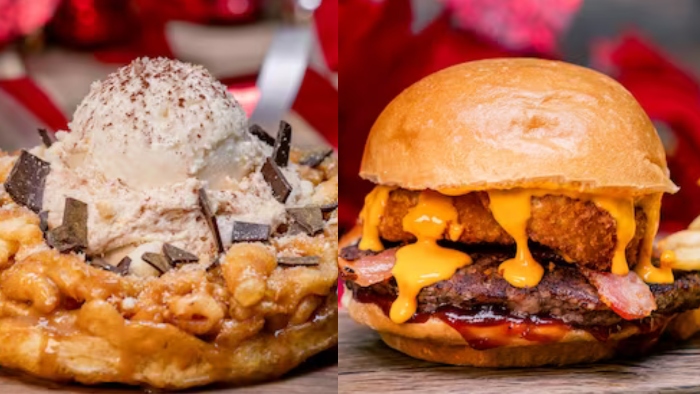 Hungry Bear Restaurant is where it is at this holiday season at Disneyland! You can order Teddi Barra Holiday Funnel Cake and BBQ Bacon Cheeseburger!