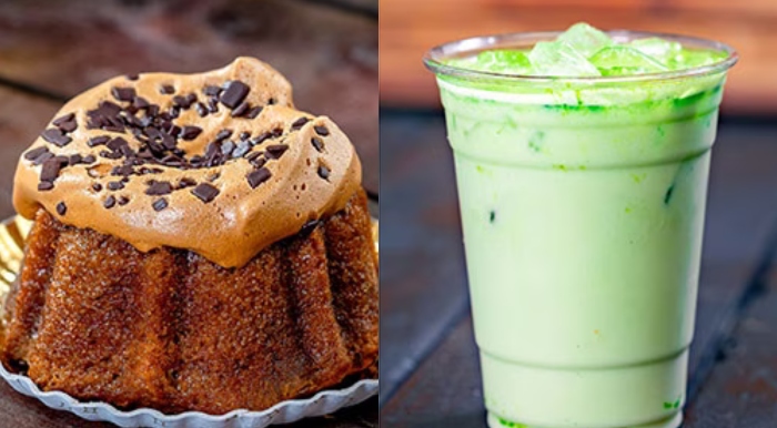 Head over to Cappuccino Cart in Disney California Adventure and order a yummy Dalgona Coffee Bundt Cake and Green Tea Horchata!