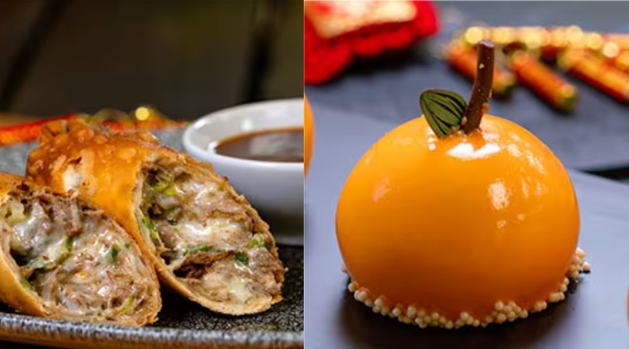 At the Lucky 8 Lantern booth, you can order two fan-favorite items... Quesabirria Eggroll and Mandarin Orange Mousse Cake!